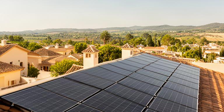 Paneles solares instalados sobre una vivienda de Tomares con tejados de Andalucía al fondo