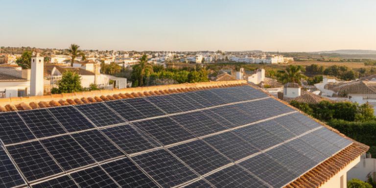 Paneles solares instalados sobre el tejado de una vivienda luminosa en Tomares, Sevilla